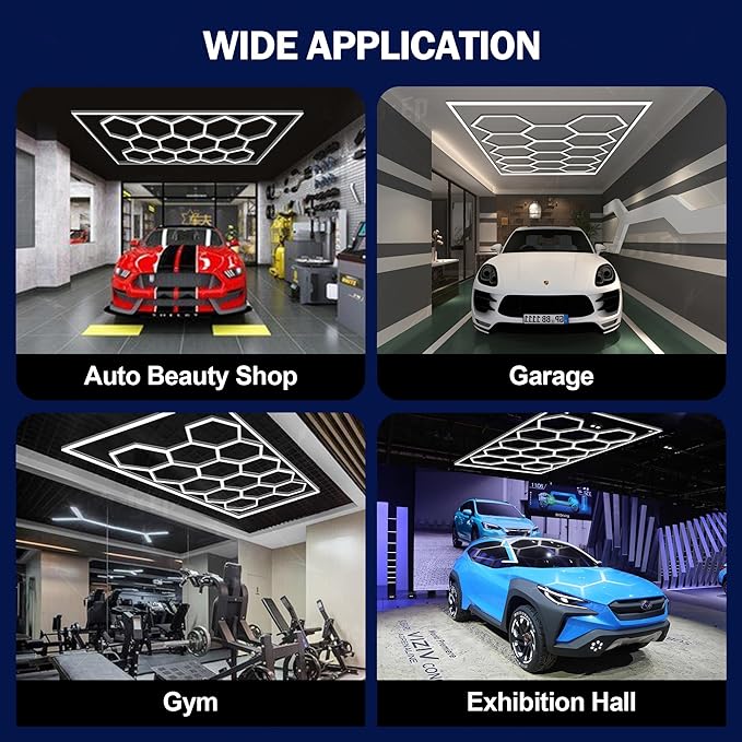 MODERN Hexagon LED Light: 14-Grid Honeycomb System with Border, 720W 86400LM 6500K Daylight for Garage, Car Detailing & Exhibition Hall Lighting