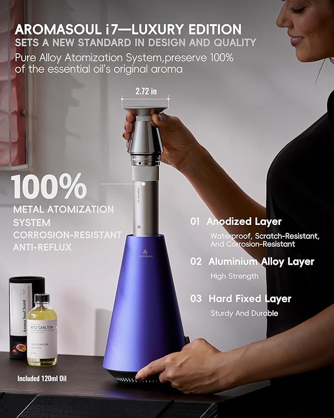 Wireless Rechargeable Waterless Oil Diffuser Starter Kit - 1500 Sq Ft Coverage, Alloy Atomization System,Mood Light,Hotel Scent Diffuser, Including 120ml Essential Oil, for Home,Large Room,Spa,Blurple