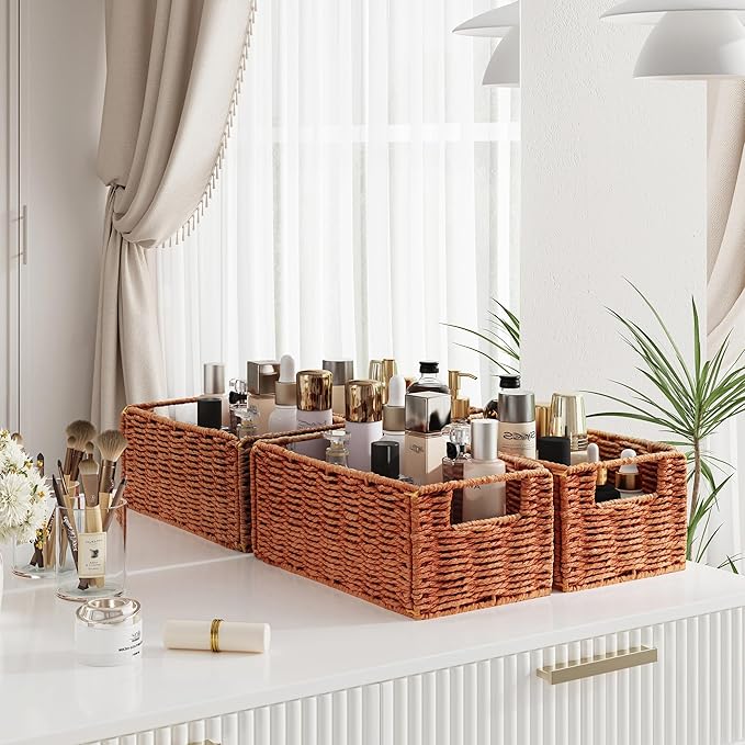 Vagusicc Wicker Storage Basket, Set of 2 Hand-Woven Paper Rope Wicker Basket, Small Storage Baskets for Organizing Toilet Paper, Foldable Small Cube Organizer Bins for Shelves (Orange)