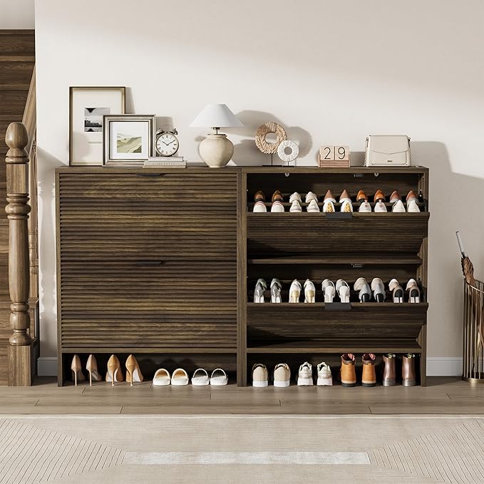 Garvee Shoe Storage Cabinet for Entryway, Fluted Shoe Cabinet with 2 Flip Drawers Doors, 32" Wide Hidden Shoe Rack Tall Freestanding Shoe Organizer for Entrance, Hallway, Living Room, Walnut