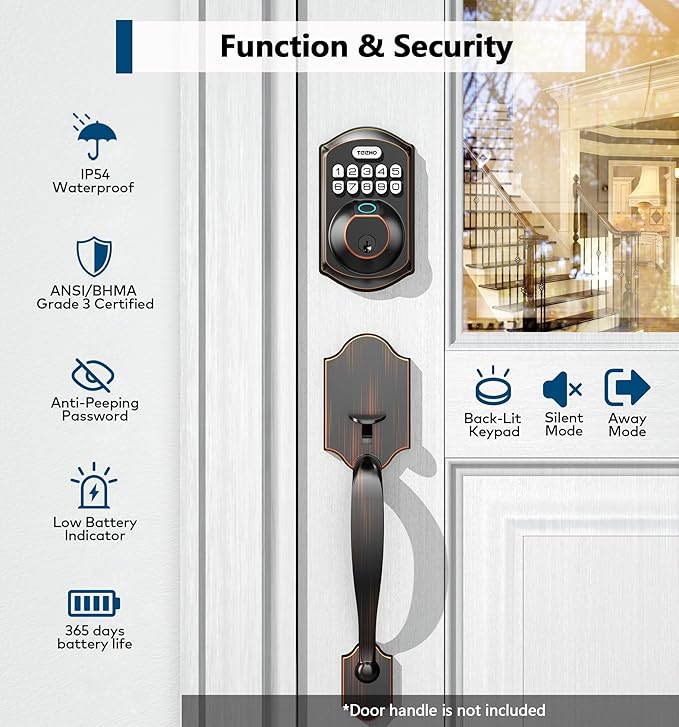 TEEHO TE002 Fingerprint Door Lock - Keyless Entry Electronic Keypad Deadbolt with 2 Backup Keys - Auto Lock - Easy Installation - Smart Locks for Front Door - Oil-Rubbed Bronze