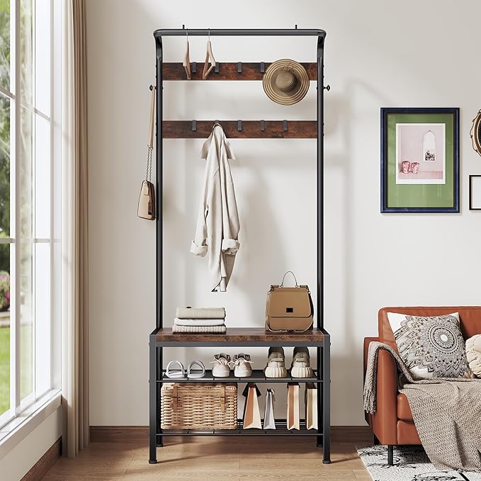 DUMOS Hall Tree with Shoe Bench and Coat Rack, Entryway Bench with Shoe Storage and Hooks, 4-in-1 Coat and Shoe Rack for Entryway, Mudroom Storage Organizer with Shelves, Rustic Brown