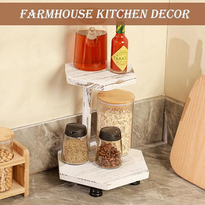 Tikea Hexagonal Wood Riser for Display, 2-Pack Wood Farmhouse Riser for Kitchen Bathroom Counter Decor, Decorative Tray for Soap Dispenser, Decorations and Plant