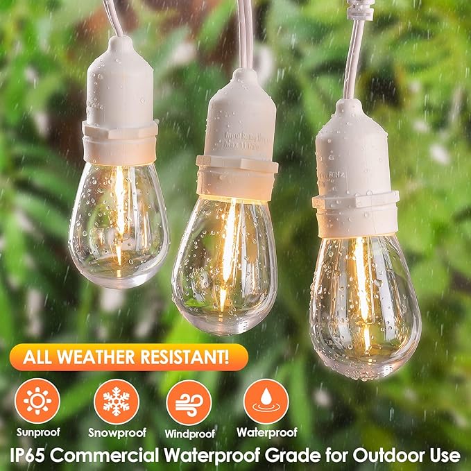 Mlambert 2 Pack 96FT Outdoor String Lights with 60+5 LED 2700K Plastic Bulbs, Dimmable Waterproof Lights for Patio Party-192FT in Total-White Cord