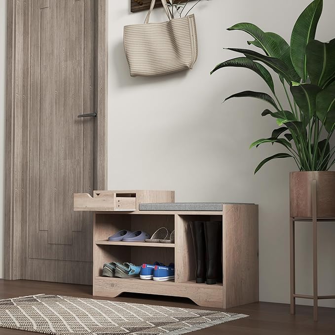 HOMCOM Shoe Bench with Storage, Modern Upholstered Entryway Bench with Shelves, Drawer and Table Top for Living Room, Hallway, Grey