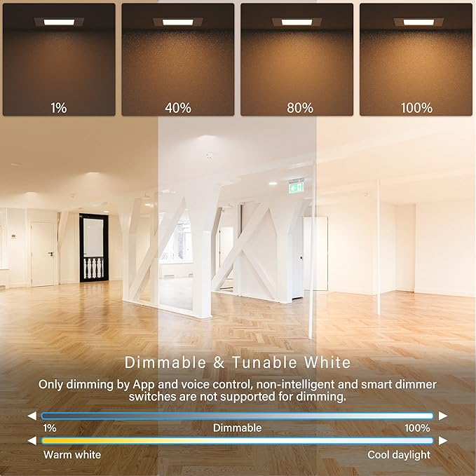 6" LED Smart Slim Recessed Pot Light, Square, WiFi APP & Voice Control, 120V, 13W, 1000LM, RGB + 2700K-6000K, ETL & FCC & IC Rated, Wet Location, Works With Alexa/Google Home, White - 4 Packs