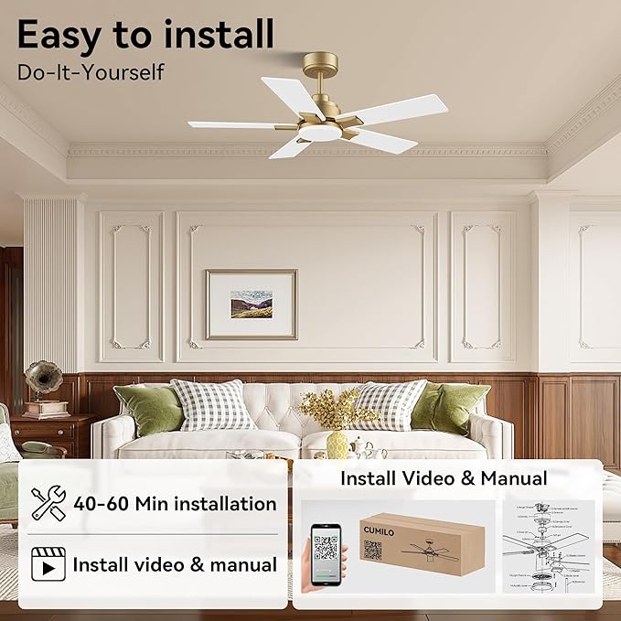 42 Inch Ceiling Fans with Lights,Smart Ceiling Fan with Light and Remote Control Alexa,APP,Modern Indoor Outdoor Ceiling Fans for Bedroom,Patio,Porch,in Black White and Gold,5 Blades,Dimmable,Quiet