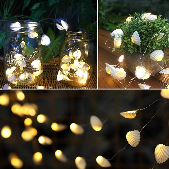 Natural Beach Seashell String Lights 13.85 Ft 40 Warm White LED Weatherproof Battery Operated 8 Modes Ocean Lights for Holiday Parties Bedrooms Weddings Gardens with Remote and Timer