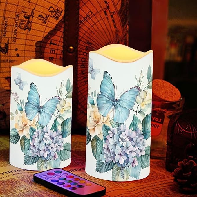 Blue Butterfly Pillar Candles Bulk Led Flameless Battery Operated Candles with Timer Remote Color Changing Electric Fake Candles for House Warming Home Decorations Set of 4