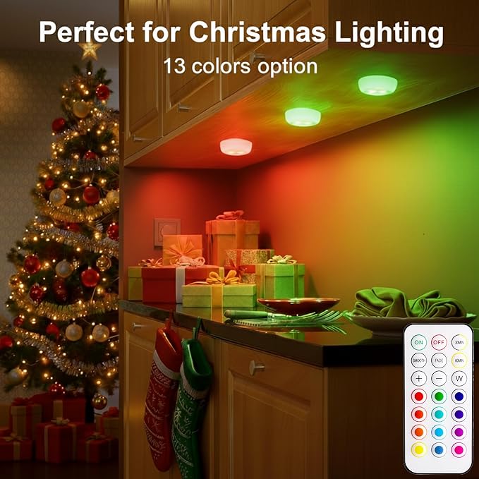 Alivation Led Under Cabinet Lighting Battery Operated Light, 6 Puck Lights with Remote Control, 13 Color Changing Stick on, Touch Push Tap Lights for Kitchen, Closet, Bookshelf, Stair, Display