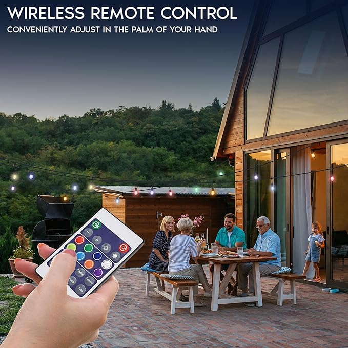 LUXRITE 24FT LED RGBW Outdoor String Lights, Remote Control Color Changing Cafe Lights, Commercial Grade Waterproof, 12 Edison S14 Shatterproof Bulbs, IP65, Dimmable Outside Hanging Lights for Patio