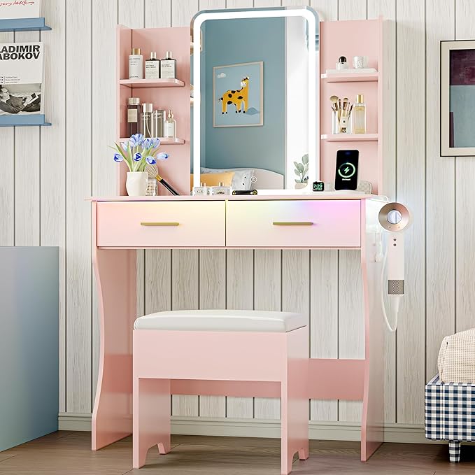 Vanity Desk with LED Lights Mirror & Power Outlet, Small Makeup Vanity Table Set with Storage Drawers & Chair, 3 Lighting Modes & Adjustable Brightness, Dressing Table for Women Girls Bedroom, Pink