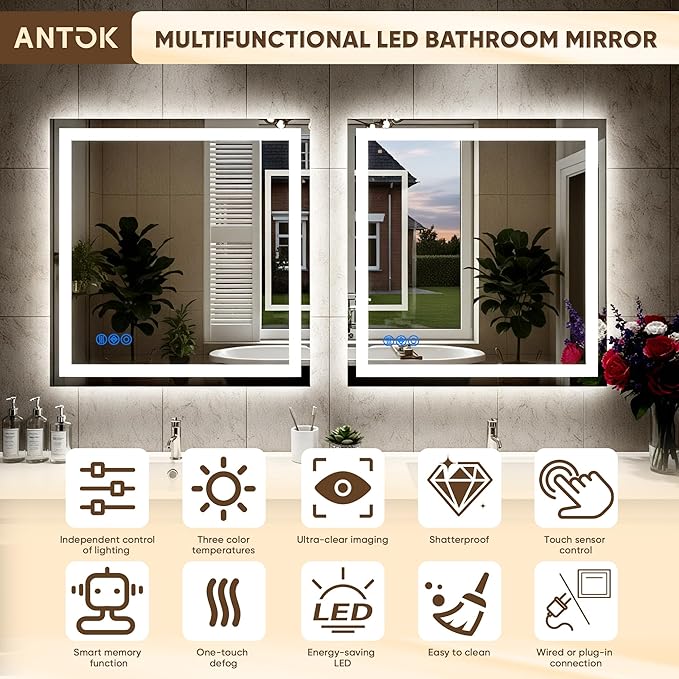 Antok 30"x 40" LED Bathroom Mirror with Lights, Anti-Fog, Dimmable, Lighted Vanity Mirror with Tempered Glass, Memory Function, 3 Light Modes, Safe Use, Horizontal, Vertical, Wall Mount, Wall Mount