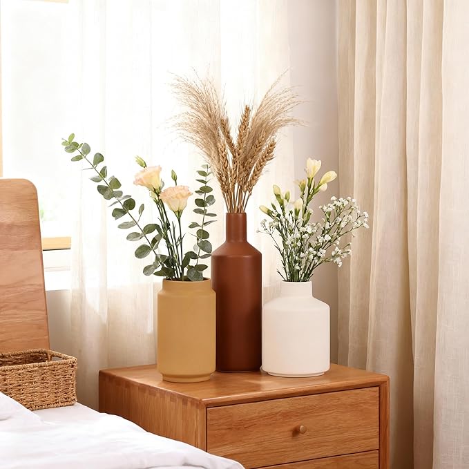 Modern 3 Piece Ceramic Vase Set - Minimalist Home Decor Vases for Living Room, Bedroom, or Entryway - Modern Neutral Table Decor for Flowers or Greenery, Shelf and Mantel Accent