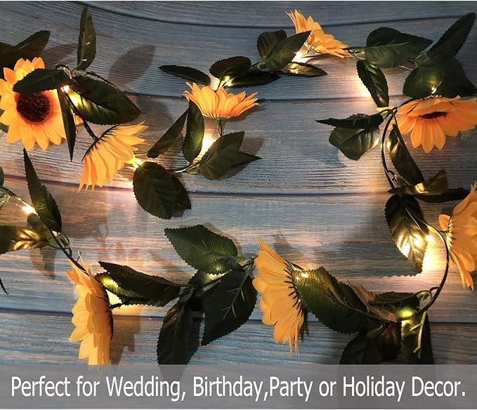 Fielegen 30 LED Artificial Sunflower Garland with Lights Battery Powered 7.2ft Sunflower Vine Fake Flowers Garland String Lights for Indoor Bedroom Holiday Garden Wedding Birthday Party Table Decor