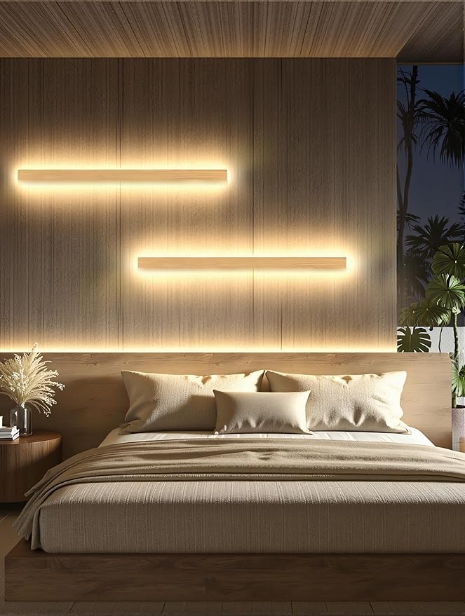 1 Pack Modern Plug in Long Wall Sconce 31.4‘’ LED Bamboo Wall Lights 24W Long Strip Indoor Wall Lamp 3000K with 6.5FT Plug in Cord and On/Off Switch on The Cord for Living Room Hallway Stairwell