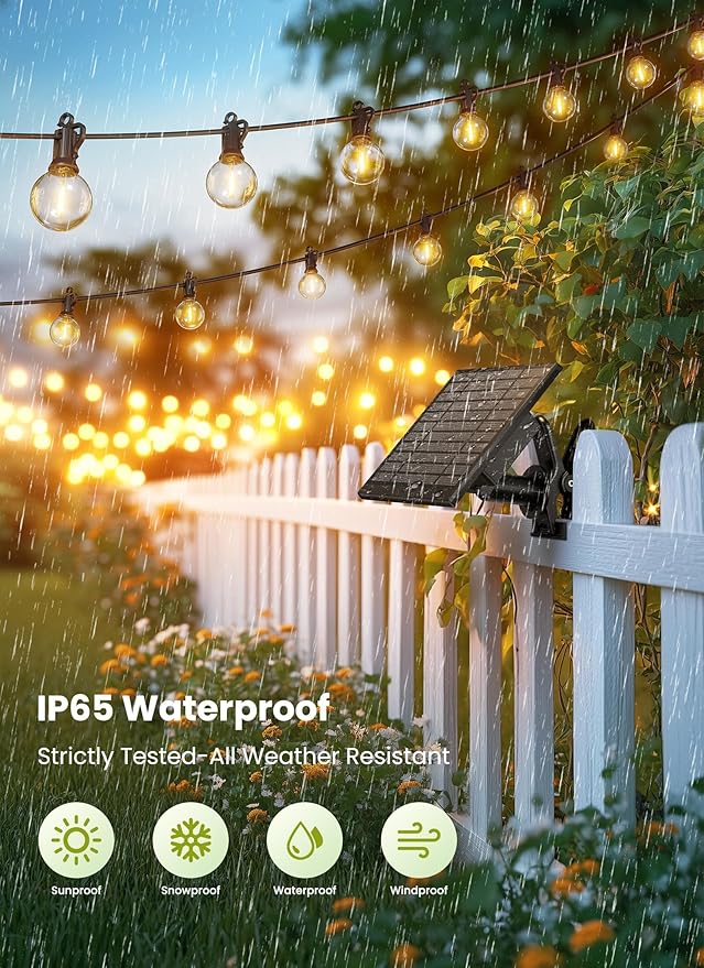 Brightown 58FT Solar String Lights Outdoor with Remote Cable Ties Hooks, 26 LED Shatterproof Bulbs, 3 Light Modes, Dimmer & Timer, Commercial Grade Patio Lights for Yard Balcony Pergola Party Decor
