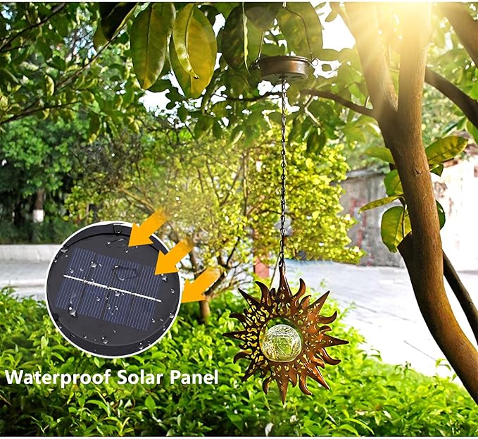Solar Lights Outdoor Waterproof Garden Decor Hanging Sun Lanterns with Crackle Glass Ball LED for Garden Patio Yard Porch, Unique Gardening Gifts for Women Mom Grandma