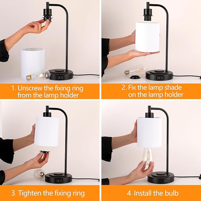 Industrial Style Touch Control Table Lamp - Dual USB A+C Ports Charging Bedside Light, Adjustable Brightness Metal Base Lamp for Bedroom, Office, Living Room Nightstand (Fabric lampshade)