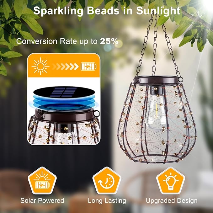 Hanging Solar Lantern Lights, Solar Chandelier Outdoor Waterproof Vintage Copper Outdoor Hanging Lights for Outside Gazebo, Pergola, Porch, Yard, Garden, Pathway, Decor, 2 Pack- ALL FORTUNE