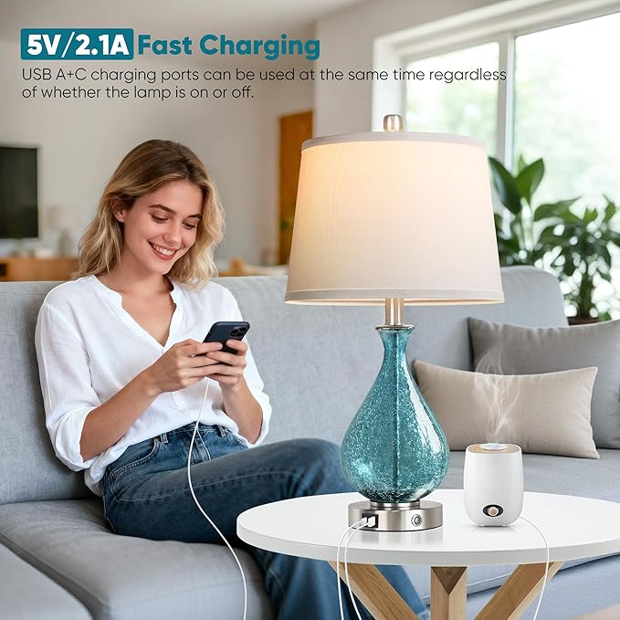 QiMH Glass Table Lamp for Living Room Bedroom Set of 2, 22.5" LED Light with Touch Control, Blue 3 Way Dimmable Modern Bedside Lamps for Home Decor with White Fabric Shade