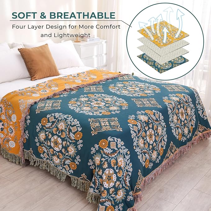 Boho Throw Blanket for Bed,100% Cotton Ultra Soft Lightweight Muslin 4-Layer Breathable Woven Throws 90''x 98'' Blanket Yellow Floral Farmhouse Decor Bed Blankets