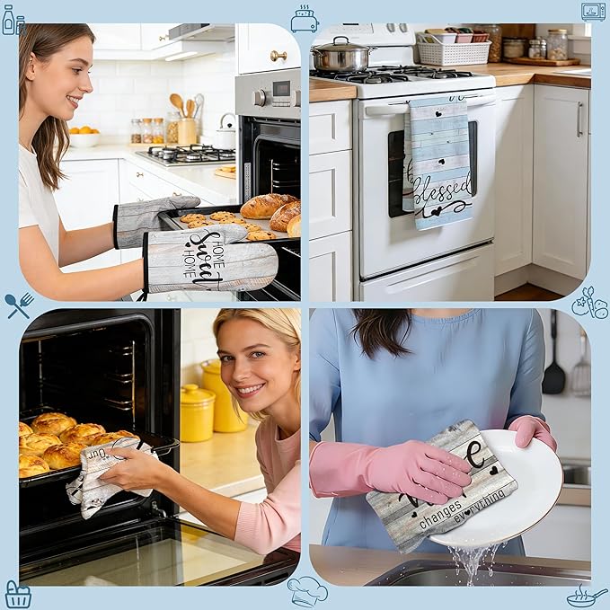 8 Pcs Kitchen Decor Accessories Set Farmhouse Towels Pot Holders Oven Mitts Set 4 Dish Towels 2 Potholders 2 Cooking Mittens Oven Glove for Christmas Baking Cooking Supply(Brown Green,Kitchen)