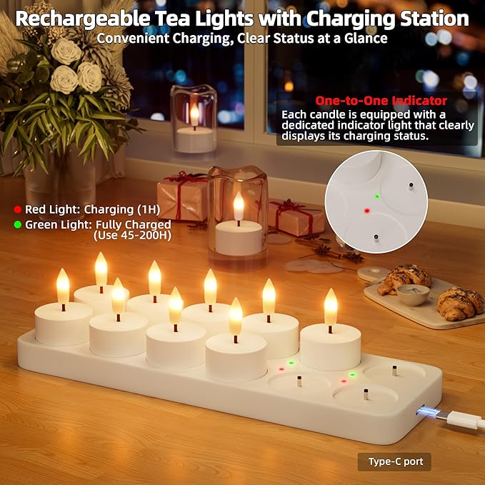 Rechargeable Flameless Tea Lights Candles with Charging Station 12Pcs Battery Tea Lights Candles with Remote & Timer LED Tealight Flickering Realistic for Home Christmas Wedding Decor - White