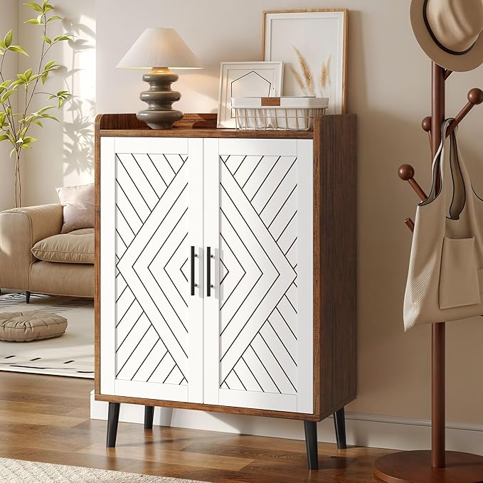 YITAHOME Shoe Cabinet with Doors, 5-Tier Shoe Storage Organizer with Adjustable Shelves, Modern Freestanding Wooden Shoe Rack Cabinet for Entryway, Hallway, Closet, Living Room, Brown & White