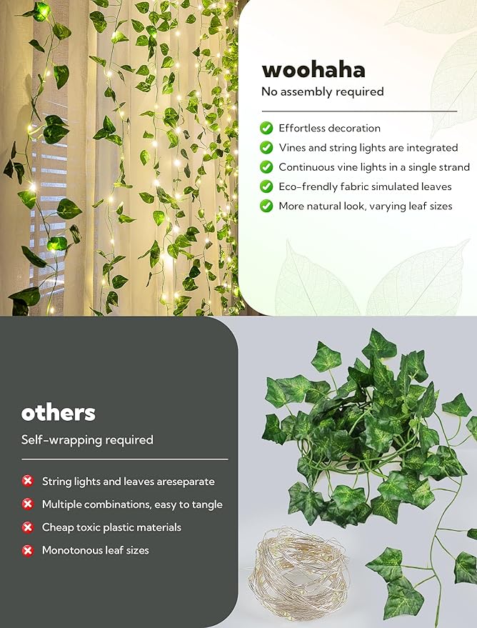 woohaha Vine with Fairy Lights,23ft 73LED Ivy String Light with Battery Operated,Leaf Light for Bedroom, Room, Wall, Garden, Party, Wedding Decor (Warm White)