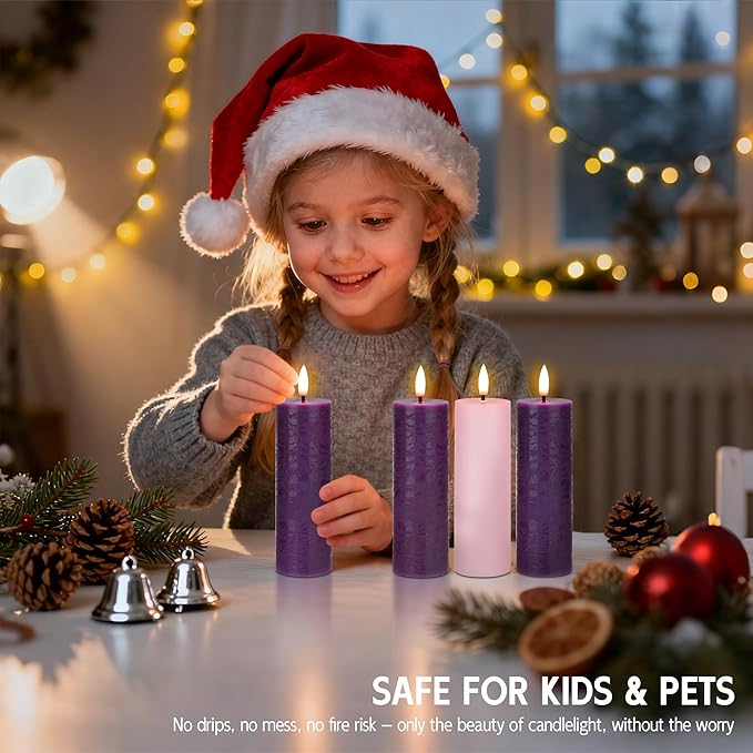 Flameless Advent Candles Set of 4, Real Wax Advent Pillar Candles Battery Operated 9.6", Purple and Pink Christmas LED Candle for Wreath, Christ, Home, Church, Catholic Decoration