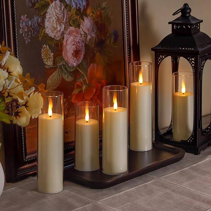 Acrylic Flameless Flickering Candles with Remote Control and Timer, Battery Operated LED Fake 2.2" x 5",6",7",8",8" Plastic Pillar Candles for Home Decor(Long-Lasting, Ivory)