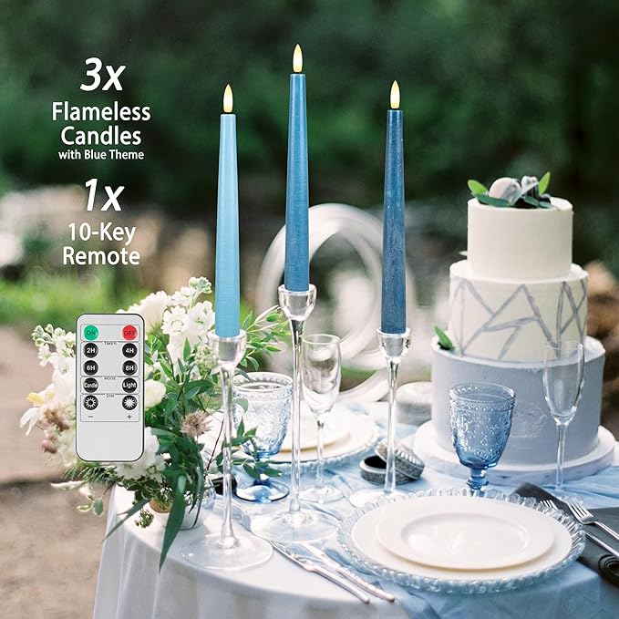 Blue Flameless Taper Candles, 9.6" Real Wax Battery Operated Candles with Remote, 3 Pack Flickering, Gradient Candlesticks, Fake Candle for Home, Wedding, Party Decor