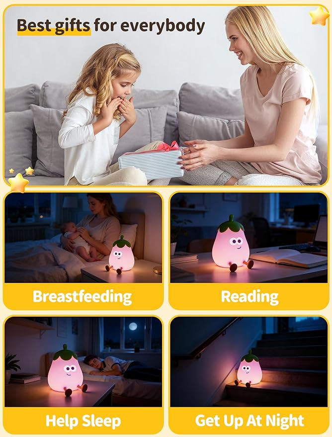 Eggplant Night Light for Kids, Nursery Night Lights, Bedside Touch Lamp, Cute Silicone Nightlight for Baby Boy Girl, 3 Level Dimmable Squishy Lamps Gift for Bedroom Kids Room Decor
