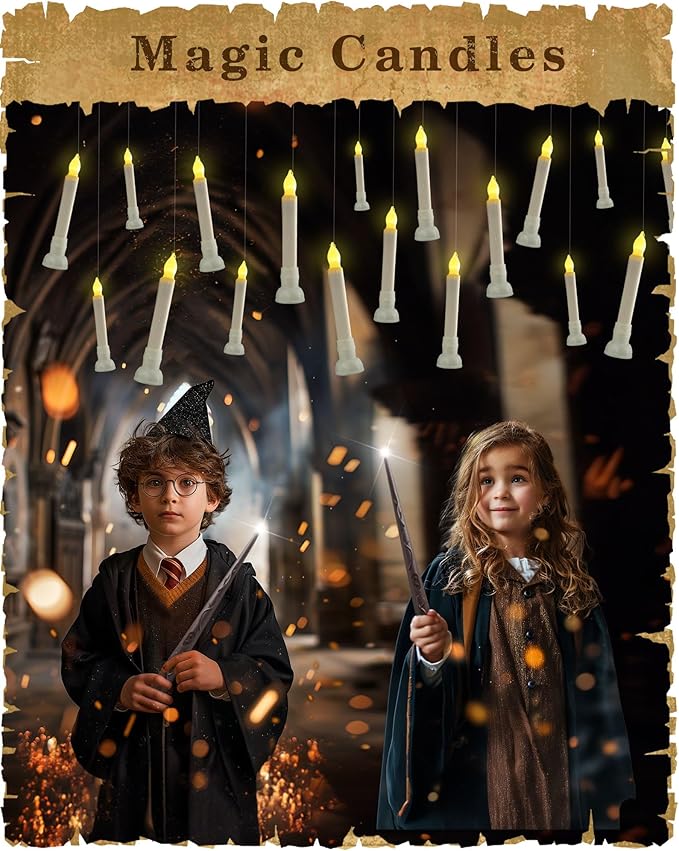 Amagic Batteries Included Floating Candles with Wand Remote, 12pcs Flickering Warm Light Flameless Taper Candles, Magic Hanging Candles with Base for Birthday Party, Halloween Decorations