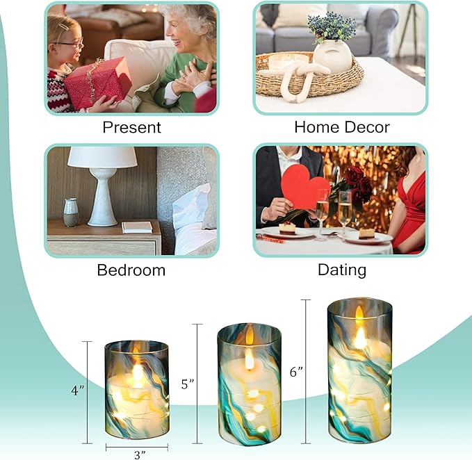 Printed Flameless Candles with String Lights - Set of 3 Battery Operated Candle Flickering Floral LED Pillar Candles with Timer Remote for Home Decor Romantic Ambiance,BG