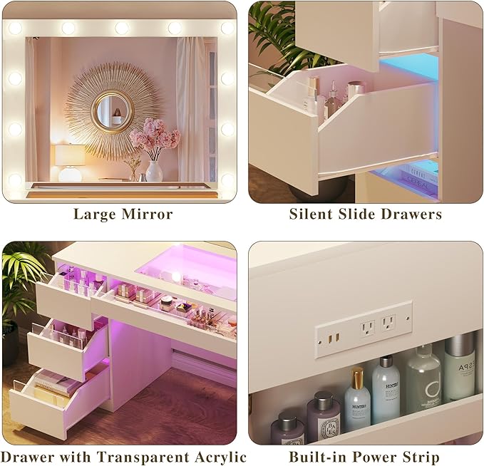 Vanity Desk with Lighted Mirror & Transparent Top, Makeup Vanity Desk with 4 Transparent Drawers and RGB Lighting, Built-in Power Outlet, 3-Tier Side Shelves & Storage Organizer for Bedroom