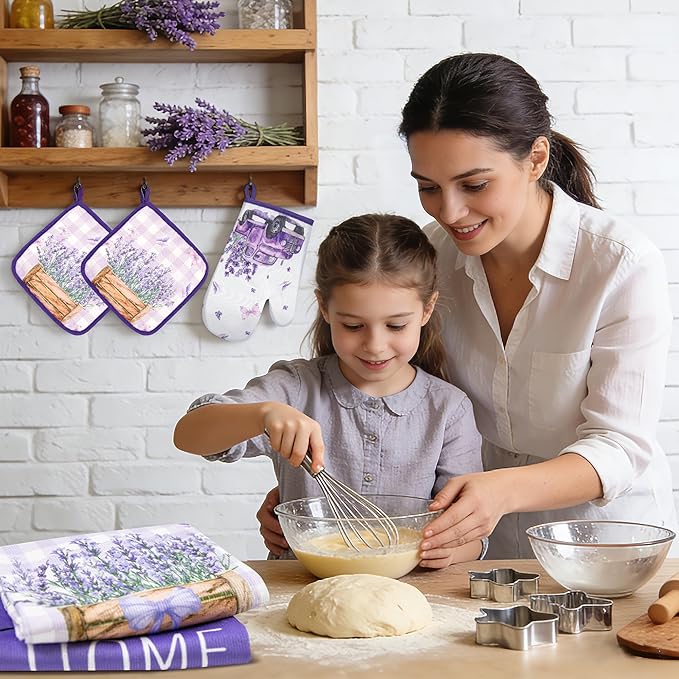 8 Pcs Lavender Spring Kitchen Towels Pot Holders and Oven Mitt Set Kitchen Accessories 4 Dish Towels 2 Absorbent Square Potholders 2 Heat Resistant Glove for Cooking Baking Home Gifting