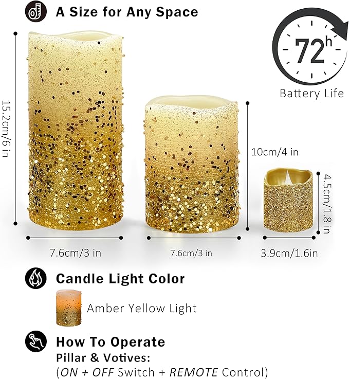 FURORA LIGHTING Gold Glitter LED Candles with Remote and Timer, 4 Pillars and 4 Votives Pack of 8, Real Wax Flameless Flickering Candles for Home Décor, Battery Included