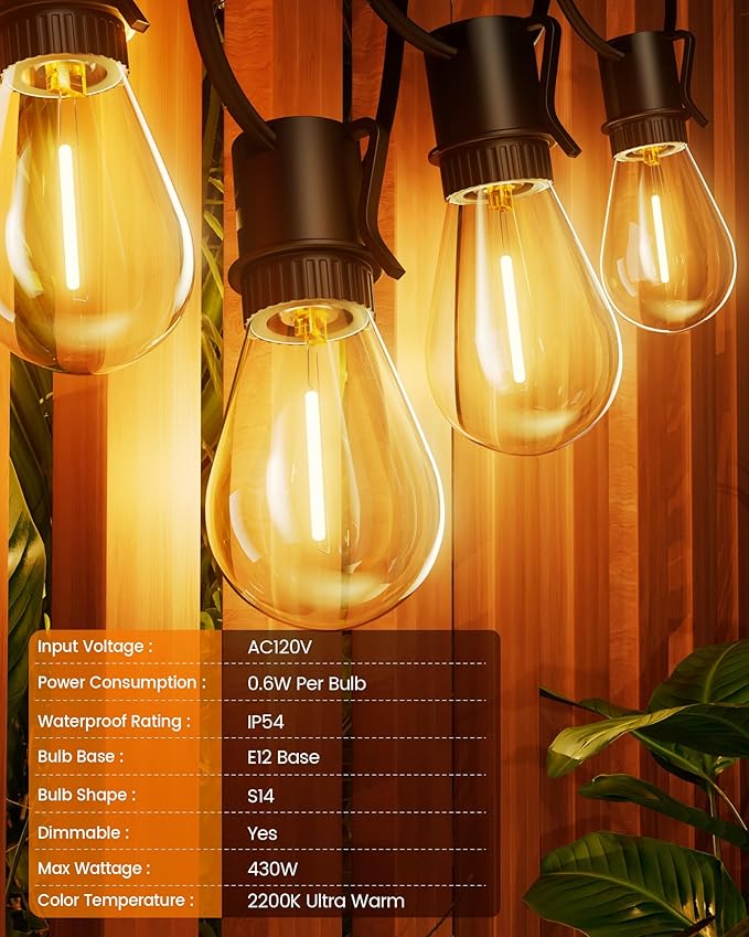 Torkase Outdoor String Lights 180FT, Patio Lights with 53 Dimmable S14 Plastic Bulbs 2 Spare, 2200K Waterproof Connectable Hanging Lights for Backyard Porch Cafe Party Decor