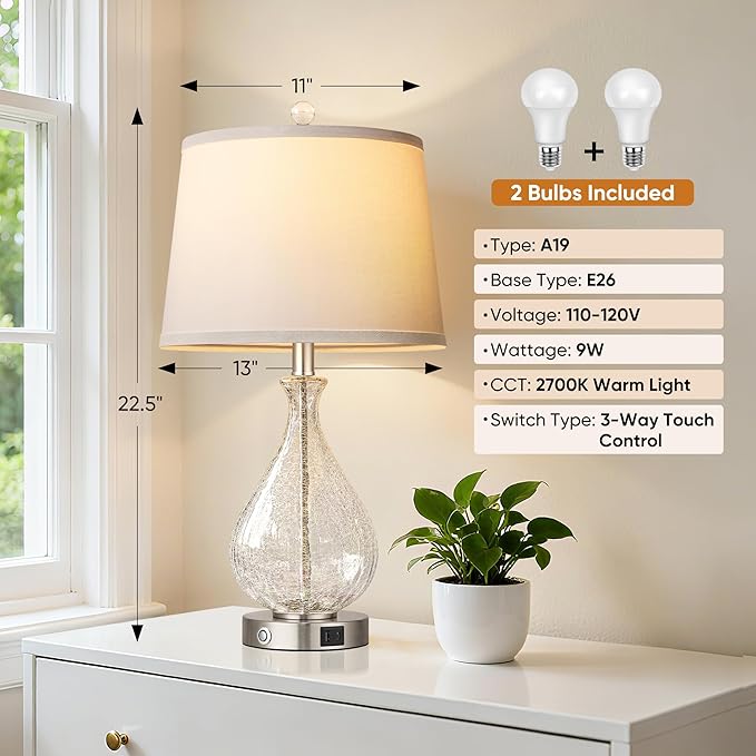 QiMH Glass Table Lamps for Living Room, Bedside Lamps Set of 2 with USB A+C Charging Ports, 3 Way Dimmable Touch Lamps for Nightstand, 22.5" Modern Table Lamp for Bedroom Office, LED Bulbs Included