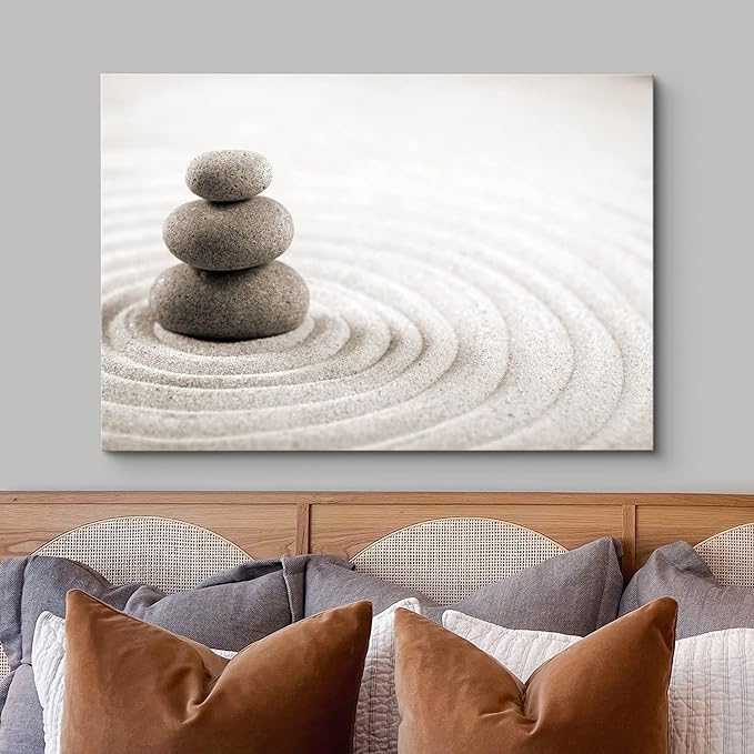 wall26 Canvas Print Wall Art Rock Stack On Gray Zen Sand Garden Floral Nature Photography Realism Bohemian Scenic Relax/Calm Cool for Living Room, Bedroom, Office - 16"x24"
