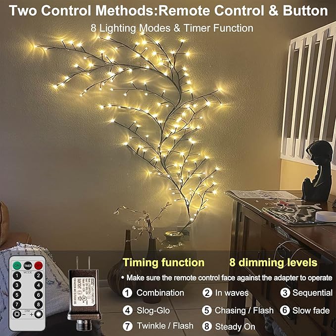 Enchanted Willow Vine Lights with Remote, Christmas Decorations DIY Vines for Room Decor, 142 LEDs Artificial Plants Tree Branches,8 Modes Vines Lights for Bedroom Wall Home Party Wedding Decor(1PCS)