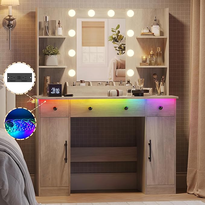 Makeup Vanity Desk with Mirror and Lights, 43" Grey Vanity Set with 3 Drawers, Power Outlet & Adjustable RGB LED Lights, Dressing Table with Storage Shelf for Women & Girls Bedroom