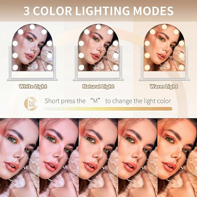 Arched Makeup Vanity Mirror with Lights 14.17"x 11.81" LED Makeup Mirror Detachable 10X Magnification, Hollywood Make Up Mirror with Lighting, Smart Touch, Rechargeable,360° Rotation,(White)
