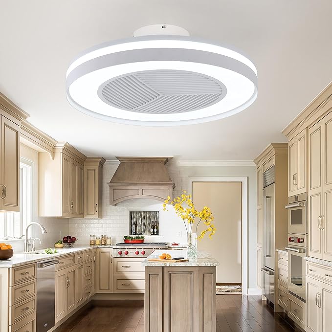 Smart Low Profle Ceiling Fans with 3-Dimmable Light Remote/APP Control, 20" Bladeless Ceiling Fans with 6 Speeds, Timer, Quiet DC Motor, Ceiling Fan with Light for Kids Bedroom/Living Room