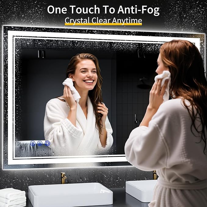 48"x32" LED Bathroom Mirror with Anti-Fog, Stepless Dimmable Lights, 3 Color Modes, Shatter-Proof Tempered Glass,Waterproof Design
