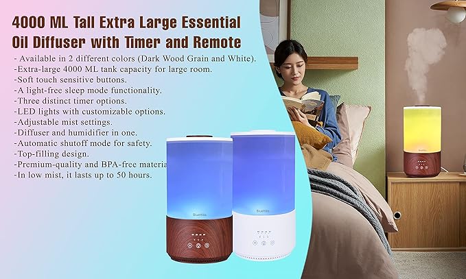 BlueHills Premium Large 2500 ML, 4000 ML and 2000 ML XL Essential Oil Diffusers Humidifier Combo Set of 3 for Large Room Home with Décor LED Lights Great Gift – White.