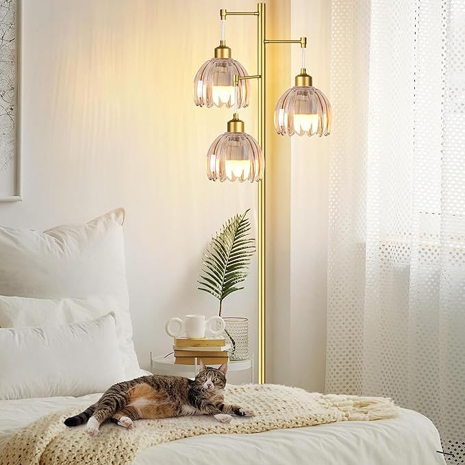 Gold Floor Lamp for Living Room,Bedroom,Tree 3 Light Standing Lamp Mid Century Modern Brass Tall Floor Lamps Vintage Retro Floor Lights Glass Flower Amber Lamp Shade Farmhouse Boho Bohemian