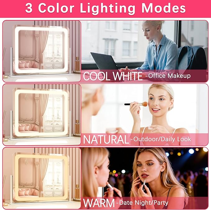 ROLOVE 22x17 Inch Lighted Vanity Mirror with Dimmable LED Lights - 3 Color Modes, Smart Touch Control & 360° Rotating Base - Desk Makeup Mirror (White)